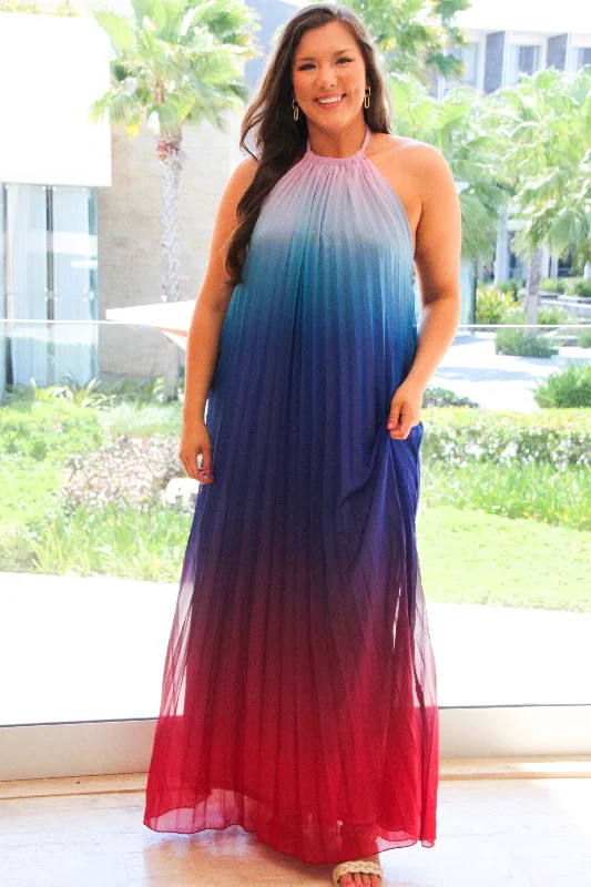 Sleeveless Women Dress in Bright Colors for Summer PartiesSleeveless Women Dress in Bright Colors for Summer PartiesBy the Water Ombre Pleated Halter Maxi Dress: Blue Multi