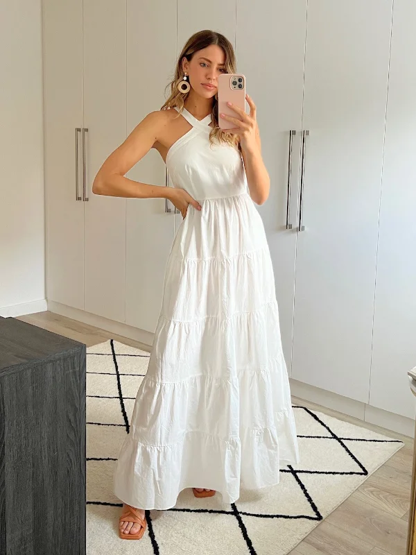 Off - the - Shoulder Women Dress for a Romantic and Feminine LookOff - the - Shoulder Women Dress for a Romantic and Feminine LookImmy Halter Tiered Dress / White