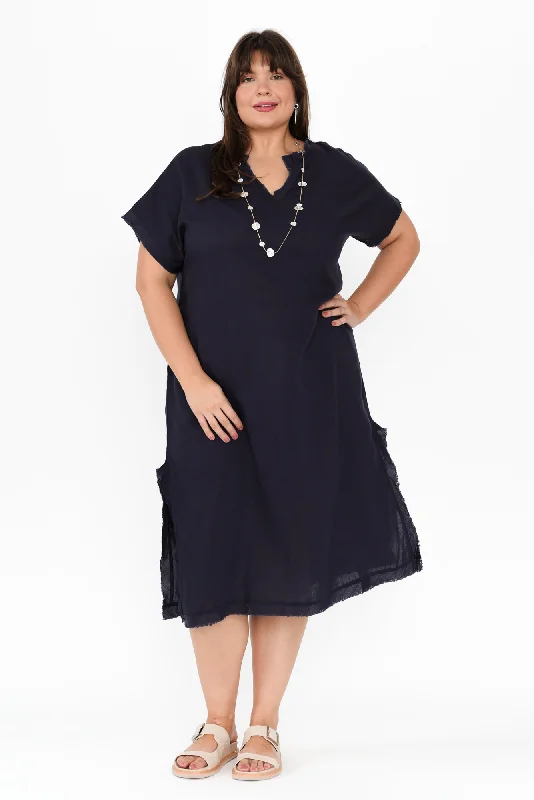 Lace - Embellished Women Dress for an Elegant and Sophisticated AppearanceLace - Embellished Women Dress for an Elegant and Sophisticated AppearanceDarlene Navy Linen Blend Dress