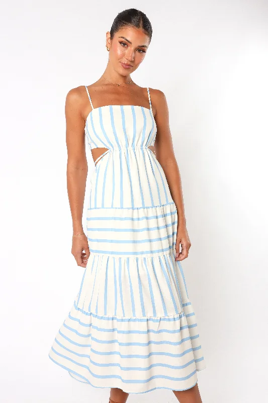 Backless Women Dress for a Sexy and Alluring Look at Evening EventsBackless Women Dress for a Sexy and Alluring Look at Evening EventsEvelin Midi Dress - Blue Stripe