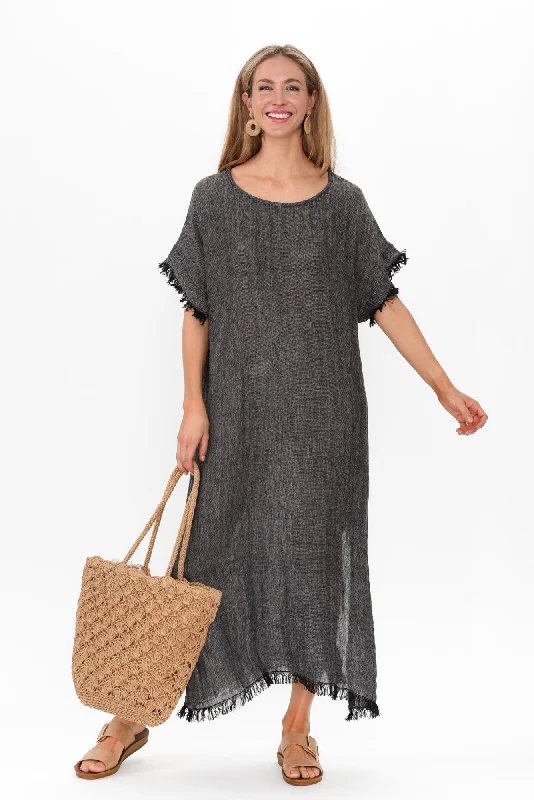 Pleated Women Dress with a Timeless and Elegant TexturePleated Women Dress with a Timeless and Elegant TextureGalene Charcoal Linen Dress