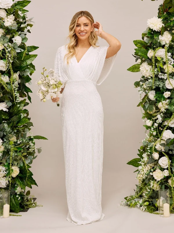 Strapless Women Dress with a Built - in Bra for Comfort and SupportStrapless Women Dress with a Built - in Bra for Comfort and SupportAngel Sleeve Sequin Maxi Bridal Dress / White Sequin