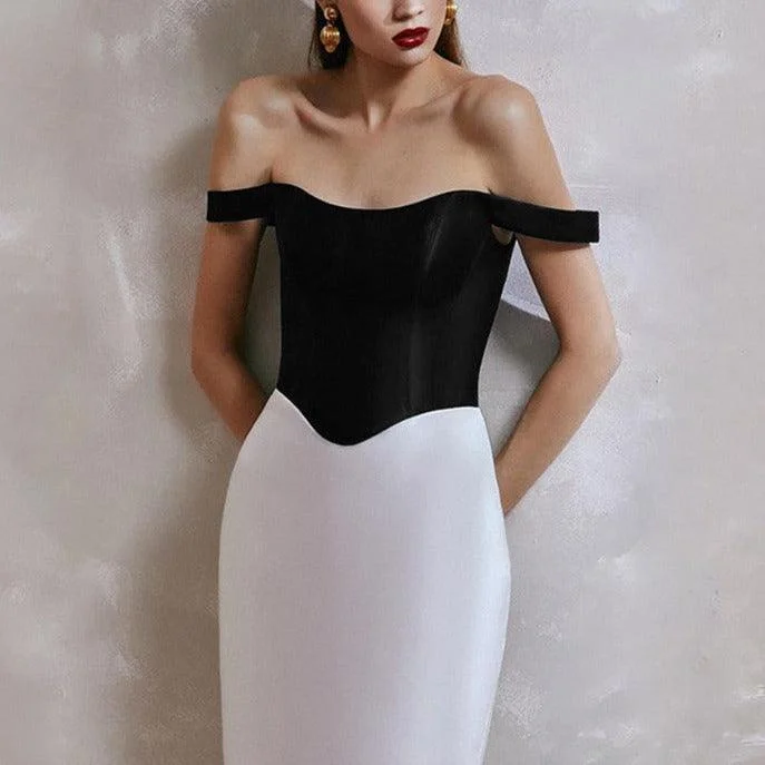 Long - Sleeve Women Dress in Velvet for a Luxurious Winter LookLong - Sleeve Women Dress in Velvet for a Luxurious Winter LookKittenAlarm - Malia Two-tone Off Shoulder Dress