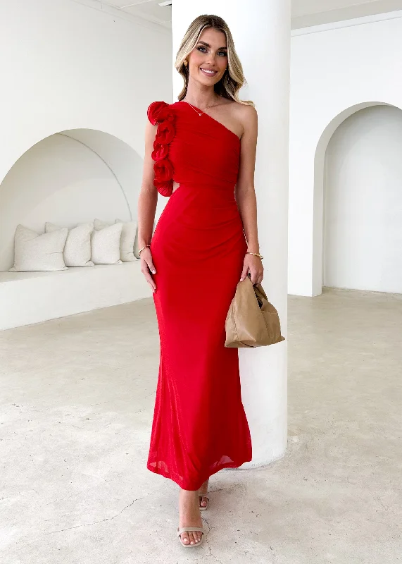 Strapless Women Dress with a Built - in Bra for Comfort and SupportStrapless Women Dress with a Built - in Bra for Comfort and SupportOakes One Shoulder Mesh Maxi Dress - Red