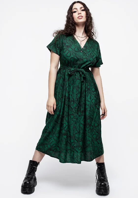 Long - Sleeve Women Dress in Velvet for a Luxurious Winter LookLong - Sleeve Women Dress in Velvet for a Luxurious Winter LookOphidia Snake Print Button Up Midi Dress - Green