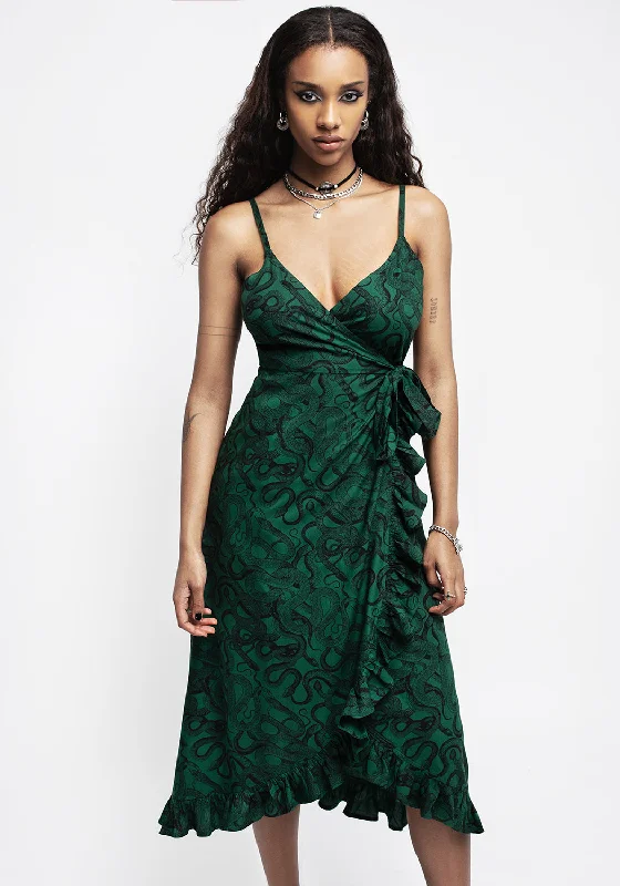 Mermaid - Style Women Dress with a Fitted Silhouette for Special OccasionsMermaid - Style Women Dress with a Fitted Silhouette for Special OccasionsOphidia Snake Print Cami Midaxi Wrap Dress - Green