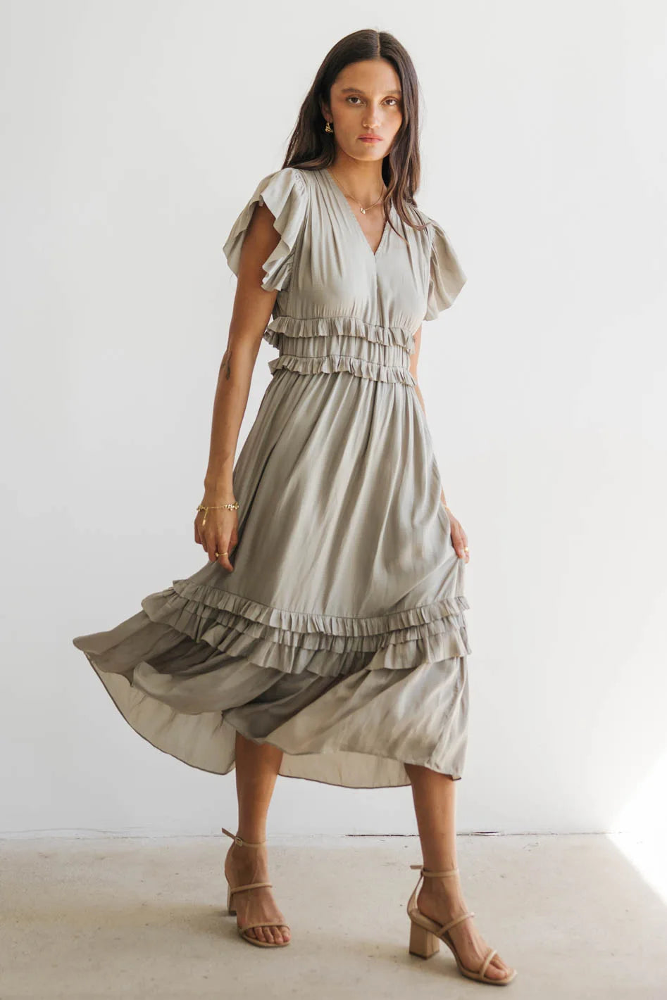 Halter Neck Women Dress to Show Off the Shoulders and NecklineHalter Neck Women Dress to Show Off the Shoulders and NecklineWilla Ruffle Dress in Sage