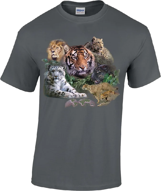 Sleeveless Women T Shirt for Summer ComfortAdult Big Cats T-Shirt (Collage of Tiger, Lion, Cheetah, Snow Leopard and Jaguar)