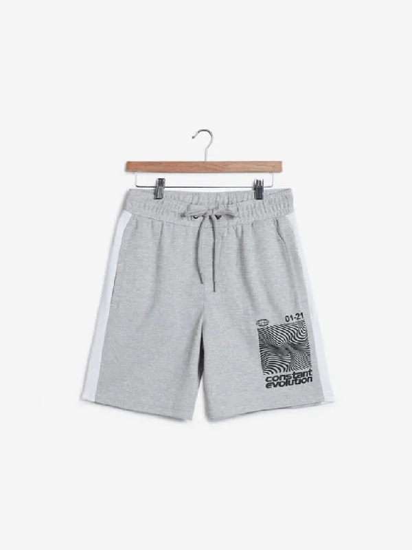 Studiofit Grey Text Print Slim-Fit Shorts