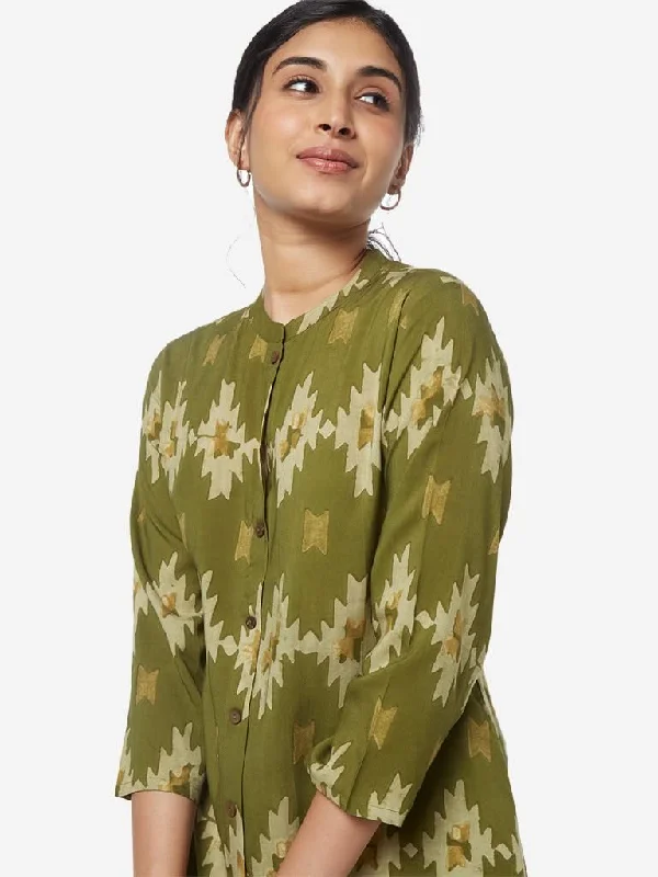 Utsa Olive Geometrical Pattern A-line Kurta