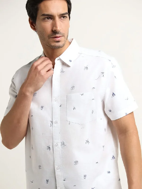 WES Casuals White Printed Cotton Relaxed Fit Shirt