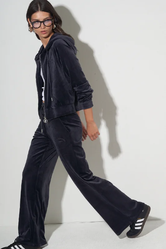 Long - line bikini top for added support and a fashionable lookWIDE-LEG VELOUR TRACK PANTS IN NAVY