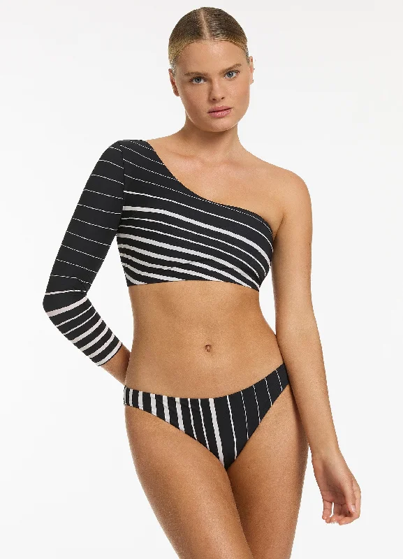 Sustainable bikini made from recycled materials for eco - conscious beachgoersLunar Stripe Lunar Stripe One Shoulder Top - Black/Chalk