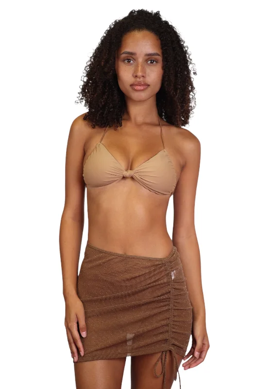 Striped bikini with a classic pattern for a timeless beach aestheticSHEER COVER UP SKIRT- BROWN